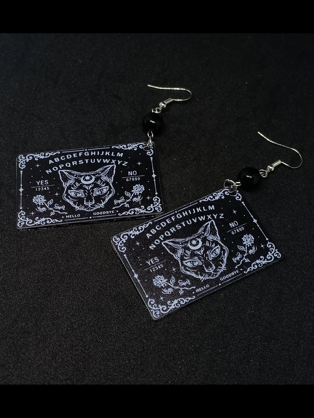 Mystic Cat Ouija Board Dangle Earrings - Black